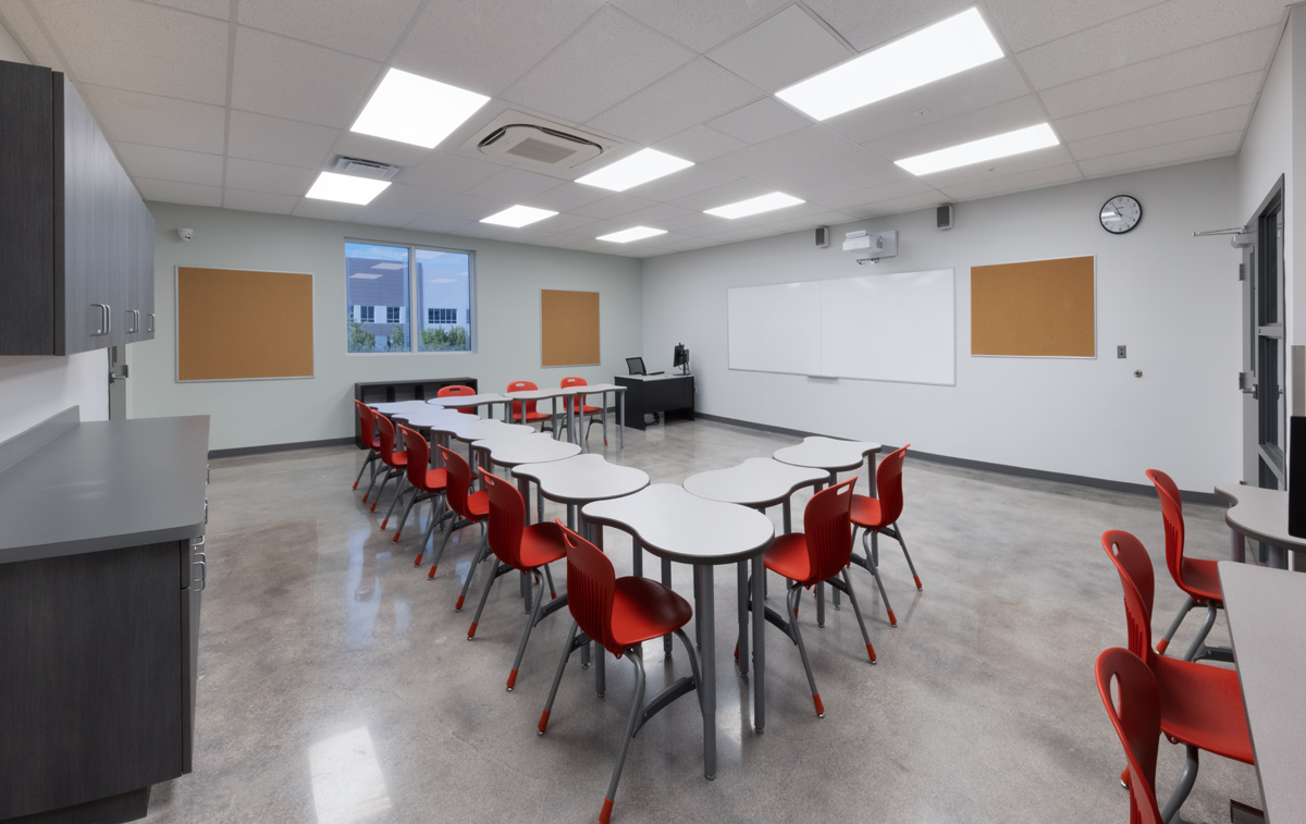 Interior design view of a classroom at the South Florida Autism Charter School  in Miami FL. 